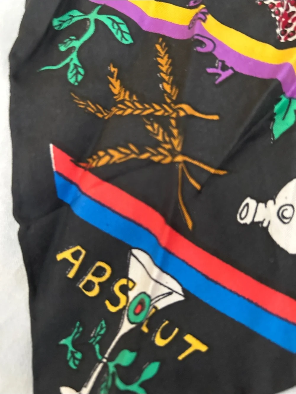 Nicole Miller vintage 1991 Black Silk Scarf with Multicolor Absolut Vodka design